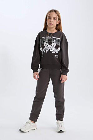 DeFacto Kız Çocuk Oversize Geniş Kalıp Bisiklet Yaka Baskılı Sweatshirt D4386A824WNAR227