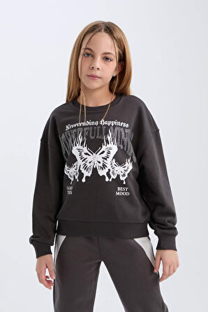 DeFacto Kız Çocuk Oversize Geniş Kalıp Bisiklet Yaka Baskılı Sweatshirt D4386A824WNAR227