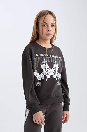 DeFacto Kız Çocuk Oversize Geniş Kalıp Bisiklet Yaka Baskılı Sweatshirt D4386A824WNAR227