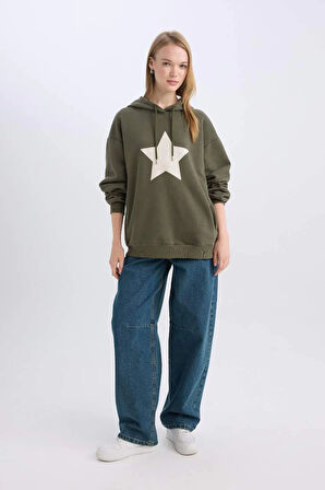 D6751 Coool Oversize Geniş Kalıp Kapüşonlu Sırt Baskılı Kalın Sweatshirt
