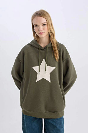 D6751 Coool Oversize Geniş Kalıp Kapüşonlu Sırt Baskılı Kalın Sweatshirt