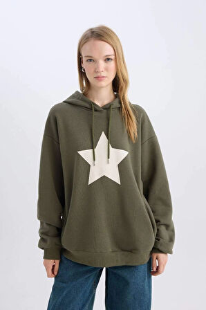 D6751 Coool Oversize Geniş Kalıp Kapüşonlu Sırt Baskılı Kalın Sweatshirt