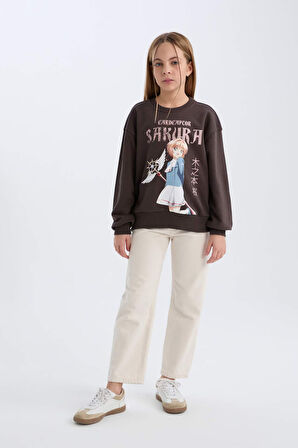 DeFacto Kız Çocuk Sakura Oversize Geniş Kalıp Bisiklet Yaka Sweatshirt D2829A824WNAR227