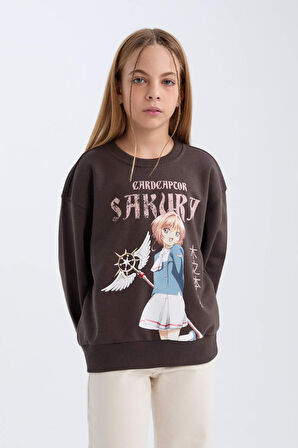 DeFacto Kız Çocuk Sakura Oversize Geniş Kalıp Bisiklet Yaka Sweatshirt D2829A824WNAR227