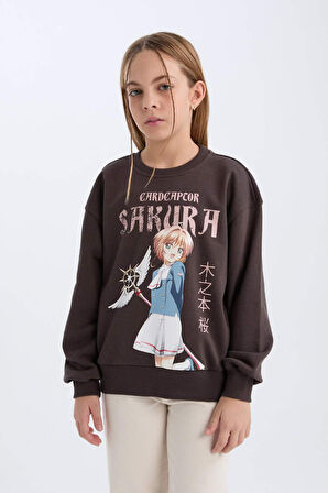 DeFacto Kız Çocuk Sakura Oversize Geniş Kalıp Bisiklet Yaka Sweatshirt D2829A824WNAR227