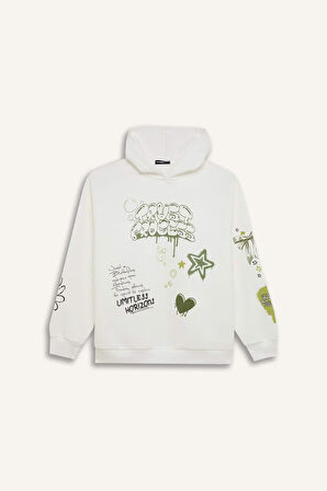 DeFacto Coool Oversize Geniş Kalıp Kapüşonlu Sırt Baskılı Kalın Sweatshirt D6705AX24WNWT32