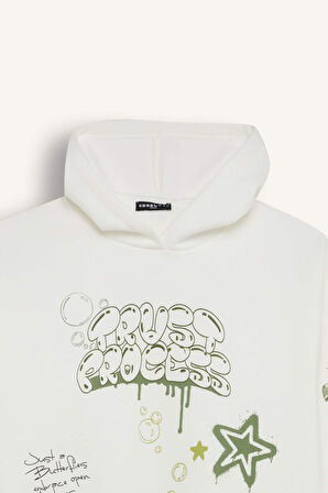 DeFacto Coool Oversize Geniş Kalıp Kapüşonlu Sırt Baskılı Kalın Sweatshirt D6705AX24WNWT32