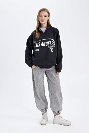 DeFacto Loose Fit Yarım Fermuarlı Dik Yaka Baskılı Kalın Sweatshirt D7013AX24WNAR214