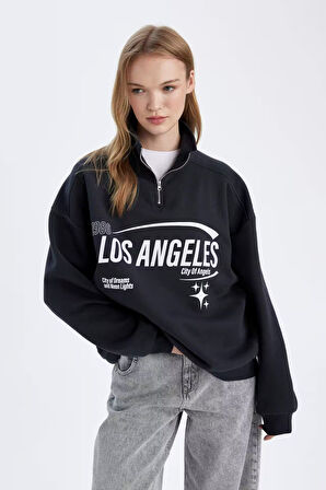 DeFacto Loose Fit Yarım Fermuarlı Dik Yaka Baskılı Kalın Sweatshirt D7013AX24WNAR214