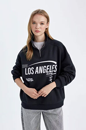 DeFacto Loose Fit Yarım Fermuarlı Dik Yaka Baskılı Kalın Sweatshirt D7013AX24WNAR214