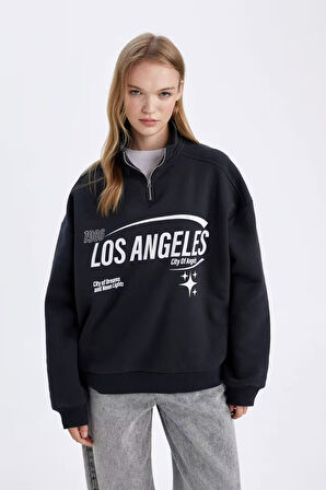 DeFacto Loose Fit Yarım Fermuarlı Dik Yaka Baskılı Kalın Sweatshirt D7013AX24WNAR214
