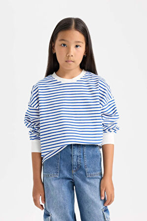 Kız Çocuk Relax Fit Bisiklet Yaka Çizgili Sweatshirt