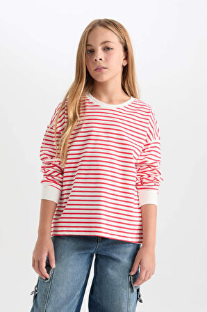 Kız Çocuk Relax Fit Bisiklet Yaka Çizgili Sweatshirt