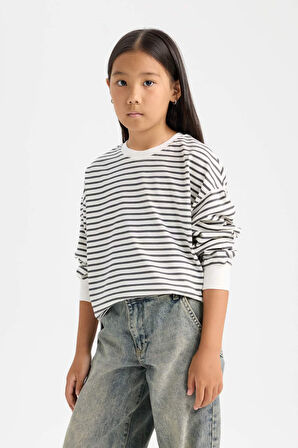 Kız Çocuk Relax Fit Bisiklet Yaka Çizgili Sweatshirt