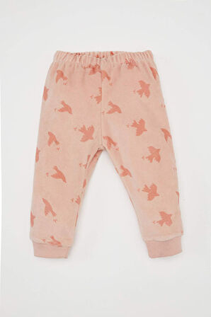 Kız Bebek Pijama Takımı Desenli Bisiklet Yaka Uzun Kollu Velur Üst Beli Lastikli Uzun Alt
