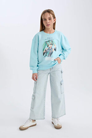 DeFacto Kız Çocuk Hatsune Miku Oversize Geniş Kalıp Bisiklet Yaka Sweatshirt D2826A824WNTR506