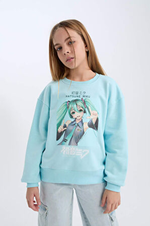 DeFacto Kız Çocuk Hatsune Miku Oversize Geniş Kalıp Bisiklet Yaka Sweatshirt D2826A824WNTR506