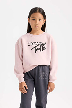 DeFacto Kız Çocuk Relax Fit Bisiklet Yaka Baskılı Sweatshirt D5454A824WNPR345