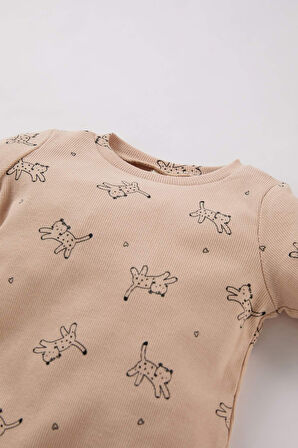 Kız Bebek Pijama Takımı Desenli Bisiklet Yaka Uzun Kollu Fitilli Kaşkorse Üst Uzun Kollu Alt