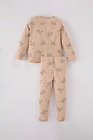 Kız Bebek Pijama Takımı Desenli Bisiklet Yaka Uzun Kollu Fitilli Kaşkorse Üst Uzun Kollu Alt