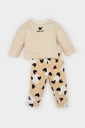 DeFacto Kız Bebek 2'li Takım Kalp Desenli Pelüş Sweatshirt Beli Lastikli Alt B3133A524WNBG744