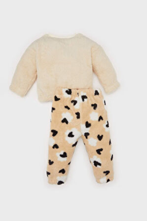 DeFacto Kız Bebek 2'li Takım Kalp Desenli Pelüş Sweatshirt Beli Lastikli Alt B3133A524WNBG744