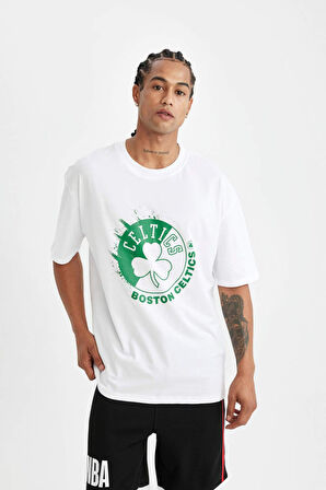 DeFactoFit NBA Boston Celtics Oversize Geniş Kalıp Bisiklet Yaka Baskılı Pamuklu Kısa Kollu Tişört T3098AZ24AUWT34