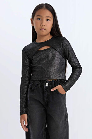 DeFacto Kız Çocuk Slim Fit Dar Kesim Bisiklet Yaka Parlak Kumaş Fitilli Kaşkorse Uzun Kollu Tişört D5419A824WNBK81