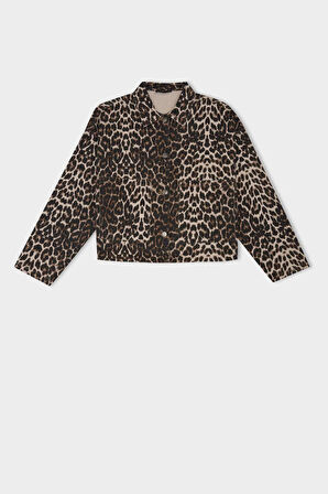 Oversize Leopar Desenli Gömlek Yaka Çift Cepli Gabardin Uzun Kollu Ceket Gömlek