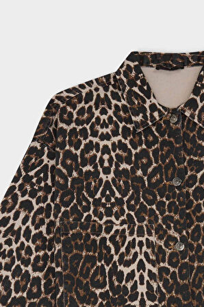 Oversize Leopar Desenli Gömlek Yaka Çift Cepli Gabardin Uzun Kollu Ceket Gömlek