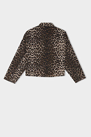 Oversize Leopar Desenli Gömlek Yaka Çift Cepli Gabardin Uzun Kollu Ceket Gömlek