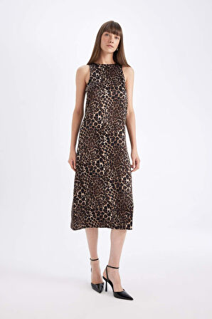 DeFacto Yuvarlak Yaka Leopar Desenli Saten Kolsuz Midi Abiye Elbise D7593AX24AUBK81