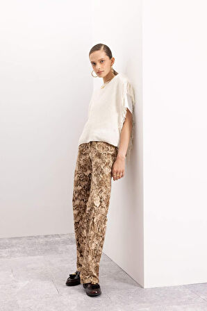 DeFacto Straight Fit Leopar Gabardin Pantolon Yüksek Bel Cepli Uzun D1229AX24AUBG303