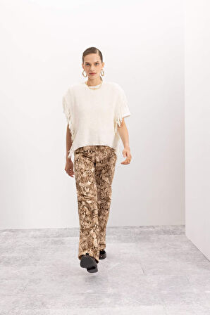 DeFacto Straight Fit Leopar Gabardin Pantolon Yüksek Bel Cepli Uzun D1229AX24AUBG303