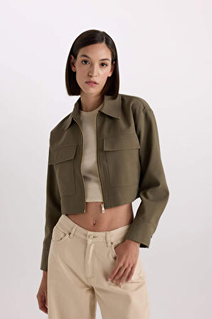 DeFacto Crop Fermuarlı Çift Cepli Gabardin Uzun Kollu Gömlek Ceket D7513AX24AUKH260