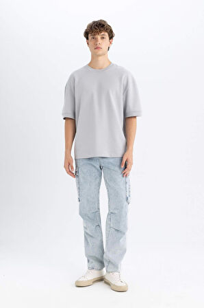 DeFacto Loose Fit Bisiklet Yaka Kısa Kollu Ağır Kumaş Basic Düz Tişört B4844AX24AUGR253