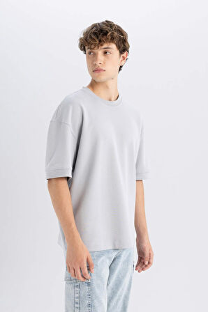 DeFacto Loose Fit Bisiklet Yaka Kısa Kollu Ağır Kumaş Basic Düz Tişört B4844AX24AUGR253