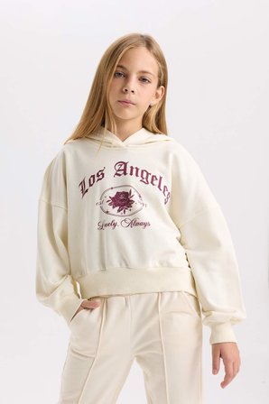DeFacto Ekru Oversize Geniş Kalıp Kapüşonlu Baskılı Sweatshirt Kız Çocuk D7041A824WNER99