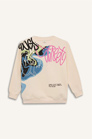 DeFacto Erkek Çocuk Oversize Geniş Kalıp Bisiklet Yaka Baskılı Sweatshirt D7114A824WNBG759
