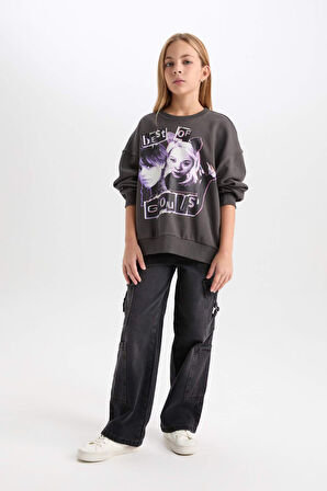DeFacto Kız Çocuk Wednesday Oversize Geniş Kalıp Bisiklet Yaka Sweatshirt D6063A824WNAR227