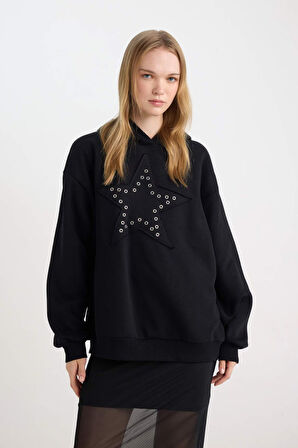 DeFacto Coool Oversize Geniş Kalıp Yıldızlı Kalın Siyah Sweatshirt D8024AX24WNBK81