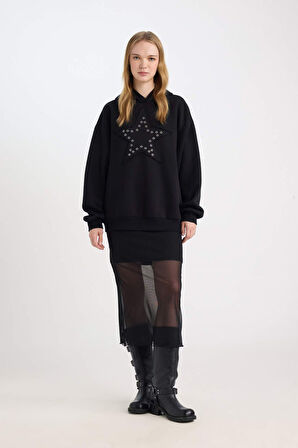 DeFacto Coool Oversize Geniş Kalıp Yıldızlı Kalın Siyah Sweatshirt D8024AX24WNBK81