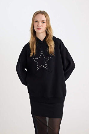 DeFacto Coool Oversize Geniş Kalıp Yıldızlı Kalın Siyah Sweatshirt D8024AX24WNBK81