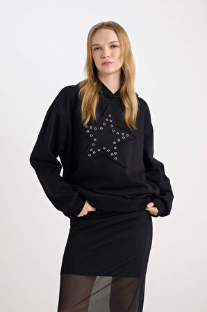 DeFacto Coool Oversize Geniş Kalıp Yıldızlı Kalın Siyah Sweatshirt D8024AX24WNBK81