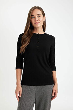 DeFacto Siyah Regular Fit Bisiklet Yaka Fitilli Kaşkorse Düğmeli Yarım Kollu Basic Düz Tişört D7491AX24AUBK81