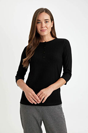 DeFacto Siyah Regular Fit Bisiklet Yaka Fitilli Kaşkorse Düğmeli Yarım Kollu Basic Düz Tişört D7491AX24AUBK81