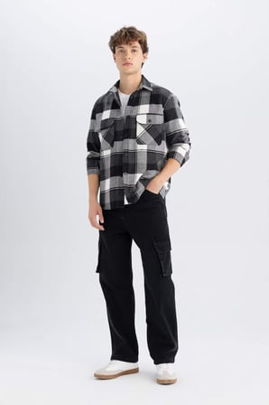DeFacto Relax Fit Waffle Kareli Oduncu Flanel Pamuklu Uzun Kollu Gömlek Z0639AZ24AUBK81