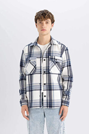 DeFacto Lacivert Relax Fit Polo Yaka Kareli Oduncu Flanel Pamuklu Uzun Kollu Gömlek Z0639AZ24AUNV165