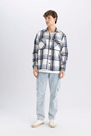DeFacto Lacivert Relax Fit Polo Yaka Kareli Oduncu Flanel Pamuklu Uzun Kollu Gömlek Z0639AZ24AUNV165