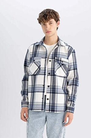 DeFacto Lacivert Relax Fit Polo Yaka Kareli Oduncu Flanel Pamuklu Uzun Kollu Gömlek Z0639AZ24AUNV165
